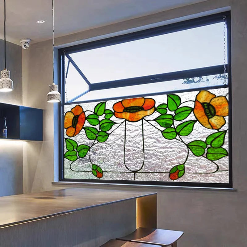 Window Film Stained Glass Stickers,Custom size Static Cling Frosted,Flower Bird Tree Print For Transom Window Glass Home Decor