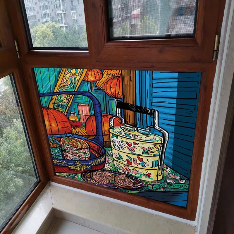 Custom size Glass Films Stained Glass Stickers Static Cling Frosted Privacy PVC Print Natural Village For Window Door Home Decor