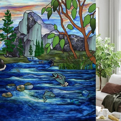 Custom size Glass Films,Stained Glass Stickers Static Cling,Frosted Privacy Print Tree,Rivers,Hill For Window Door Home Decor