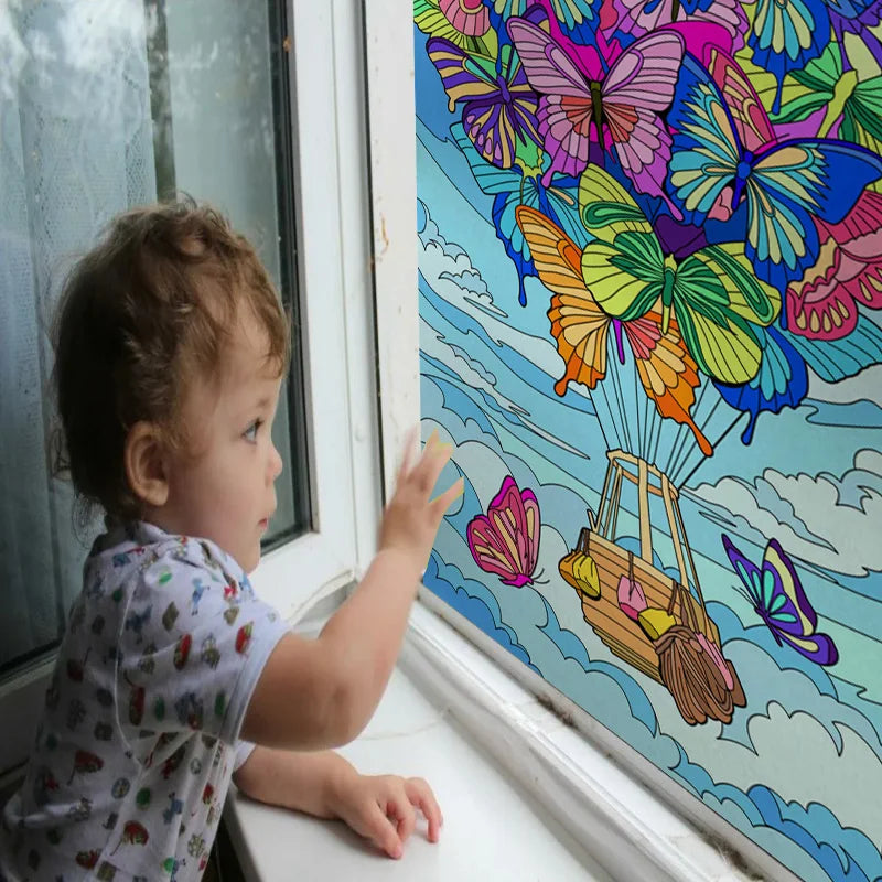 Stained Glass Window Film, Frosted Glass Sticker, Custom Size Castle Cartoon Pattern for Kids Room Door, Poster, Home Decor