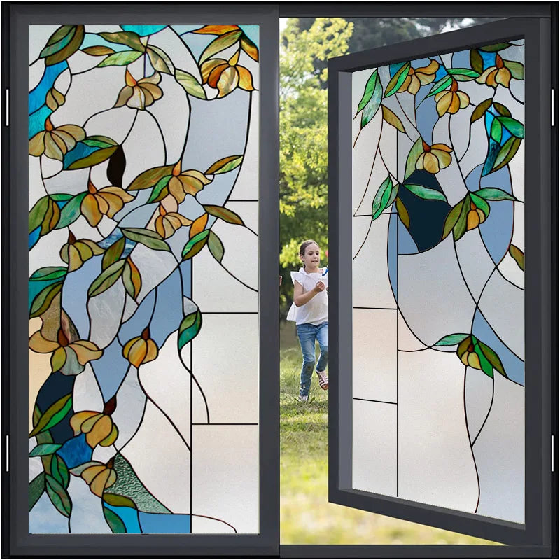 Stained Glass Vinyl Window Stickers Frosted Surface Bedroom Bathroom Decor Window Film Privacy Leaves  Flower Custom Size