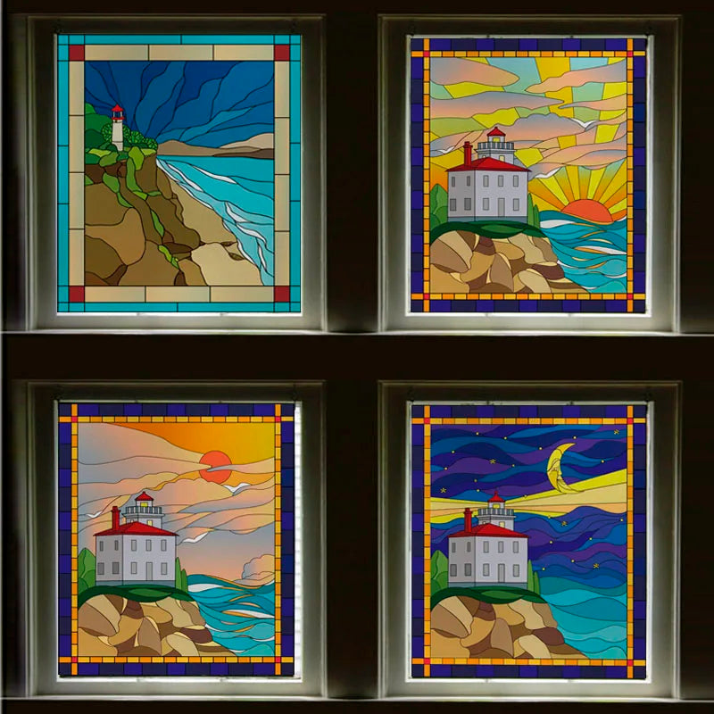 Custom size Stained Glass Films,Privacy Static Cling,Print Sea Red Lighthouse,Rising Sun, Night,Door Sticker,Office Home Decor