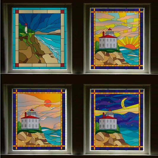 Custom size Stained Glass Films,Privacy Static Cling,Print Sea Red Lighthouse,Rising Sun, Night,Door Sticker,Office Home Decor