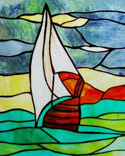Frosted Stained Glass Window Film, Static Cling, Retro Door Sticker,Kitchen, Office, Home Decor, Customized,Sailboat