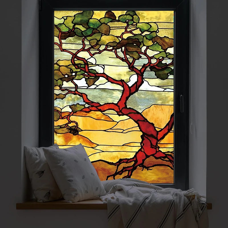 European Church Mosaic Art Glass Film Stained Window Opaque Sticker Self Adhesive/Static Cling Decor Privacy Do Custom Size Tree