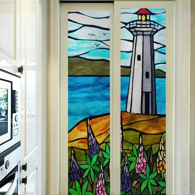 Custom Size Stained Glass Window Film, Retro Painted Frosted Static Cling, Vintage Glass Films Sticker, Lighthouse Sailboat