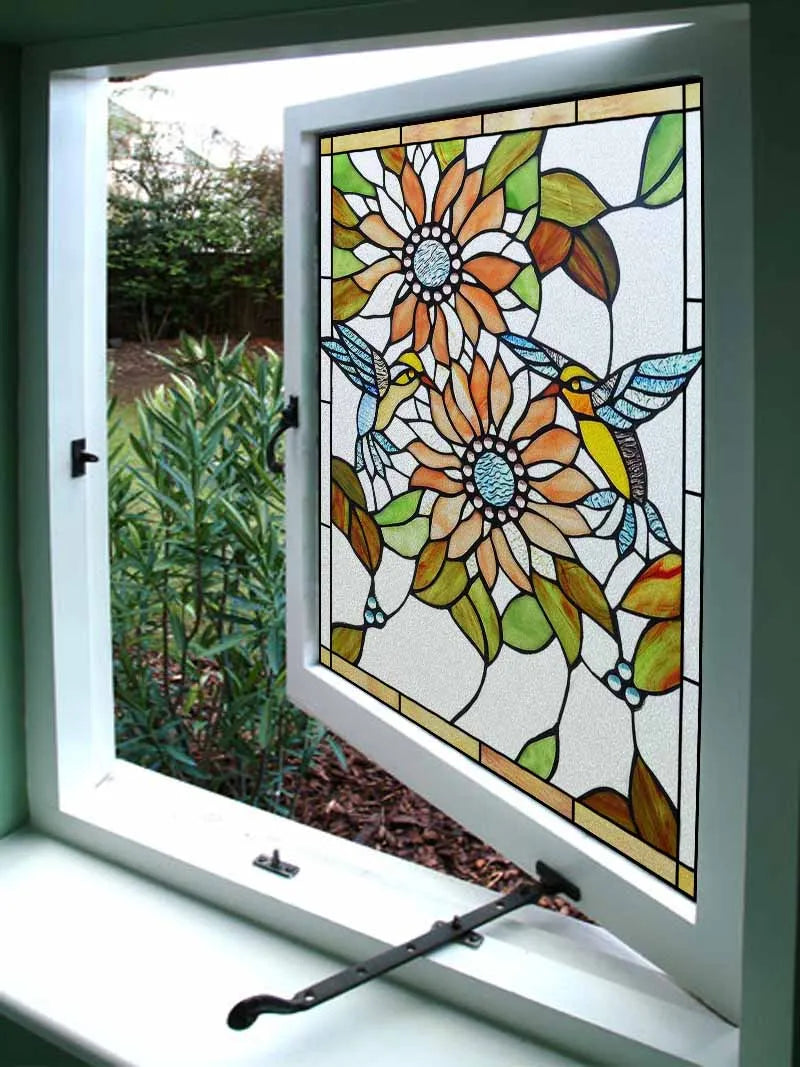 Customized Frosted Stained Glass Window Film,  SunFlower, Hummingbird, Static Cling Sticker,Home Decor, Treatment