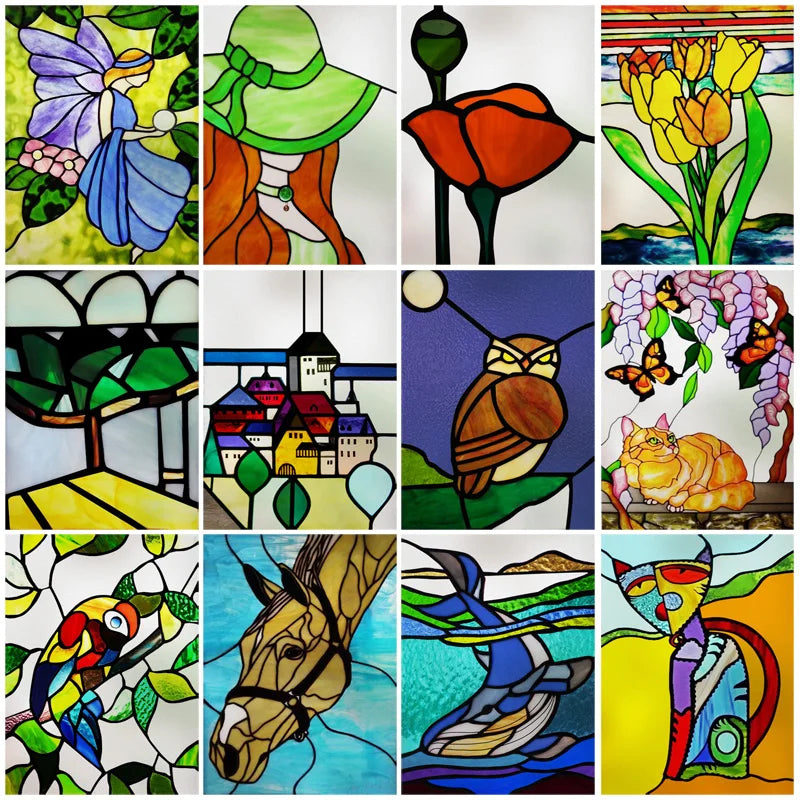 Stained Glass Window Film, Frosted Glass Sticker, Forest，Custom Size, Animals, Plants, Kids Room Door, Poster, Home Decor