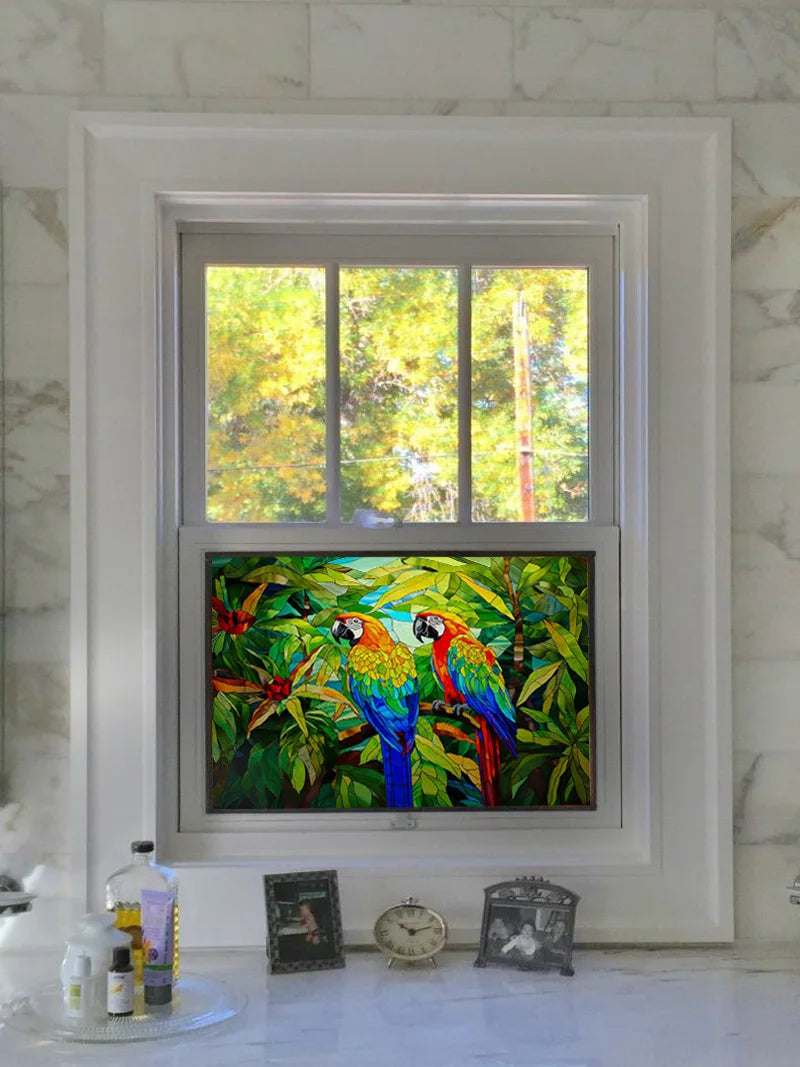 Landscape Painting Stained Glass Films, Transom Windows Film, Opaque Sticker, Self Adhesive, Static Cling, Custom Size