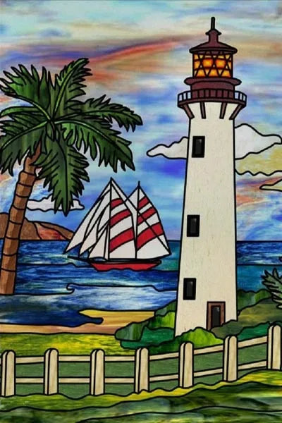 Custom Size Stained Glass Window Film, Retro Painted Frosted Static Cling, Vintage Glass Films Sticker, Lighthouse Sailboat