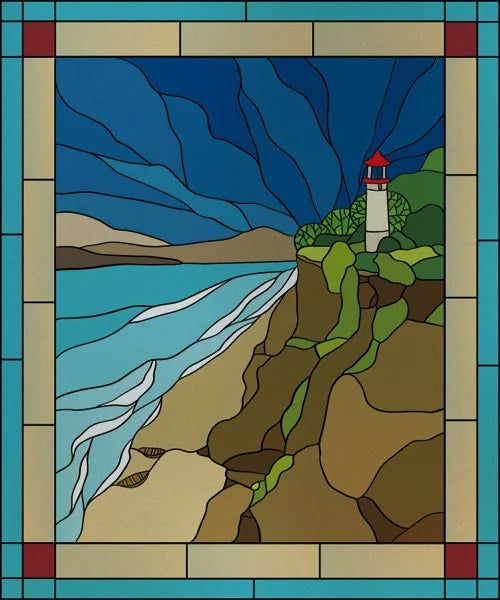 Custom size Stained Glass Films,Privacy Static Cling,Print Sea Red Lighthouse,Rising Sun, Night,Door Sticker,Office Home Decor