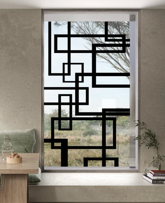 Stained Glass Window Film Transparent Glass Sticker Static Cling Iron Style Black Line Office Door Anticollision Home Decor