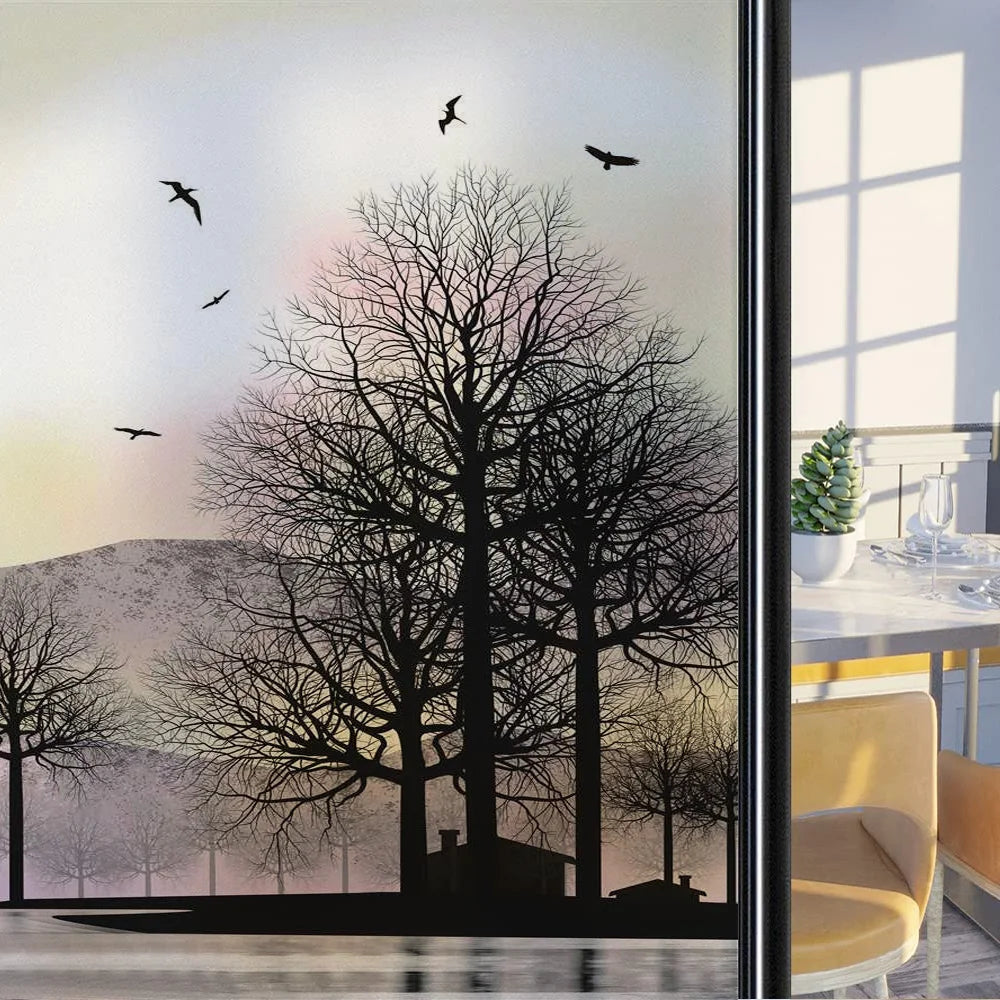 Custom Size Stained Glass Window Film,Frosted Privacy, Static Cling, Door Sticker,Bathroom, Home Decor, Tree, Mountain