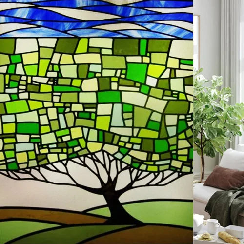 Custom size Glass Films,Stained Glass Stickers Static Cling,Frosted Privacy Print Tree,Rivers,Hill For Window Door Home Decor