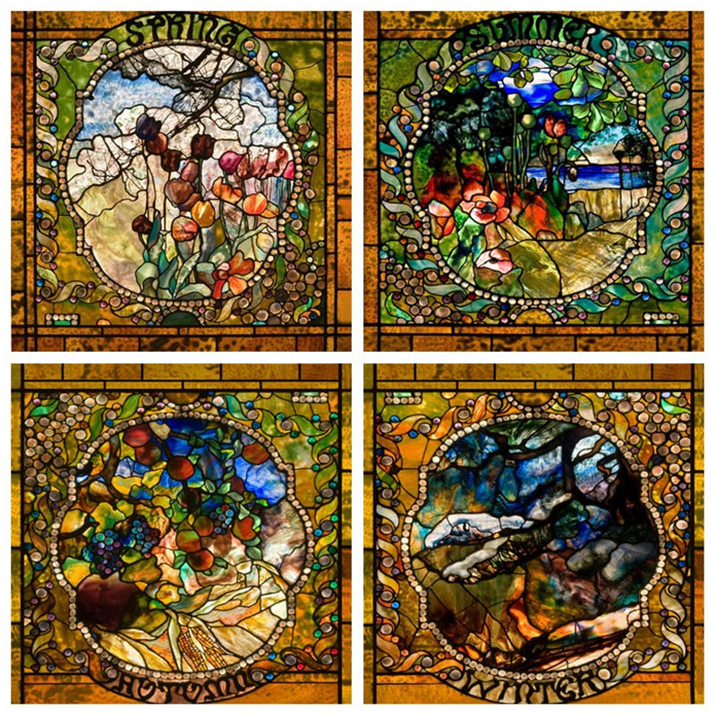 Window Film Stained Glass Films Frosted Privacy Static Cling ,Vintage 4 Seasons Spring, Summer,Autumn,Winter Pictuer for Home