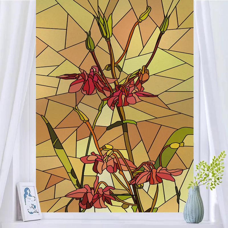 Frosted Stained Glass Window Film, Customized Art Deco Design, Flowers Static Cling Sticker,Home Decor Foil, Treatment