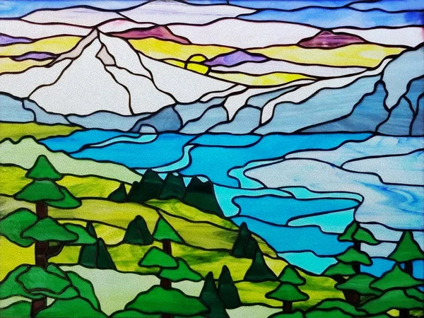 Landscape Painting Stained Glass Films, Transom Windows Film, Opaque Sticker, Self Adhesive, Static Cling, Custom Size