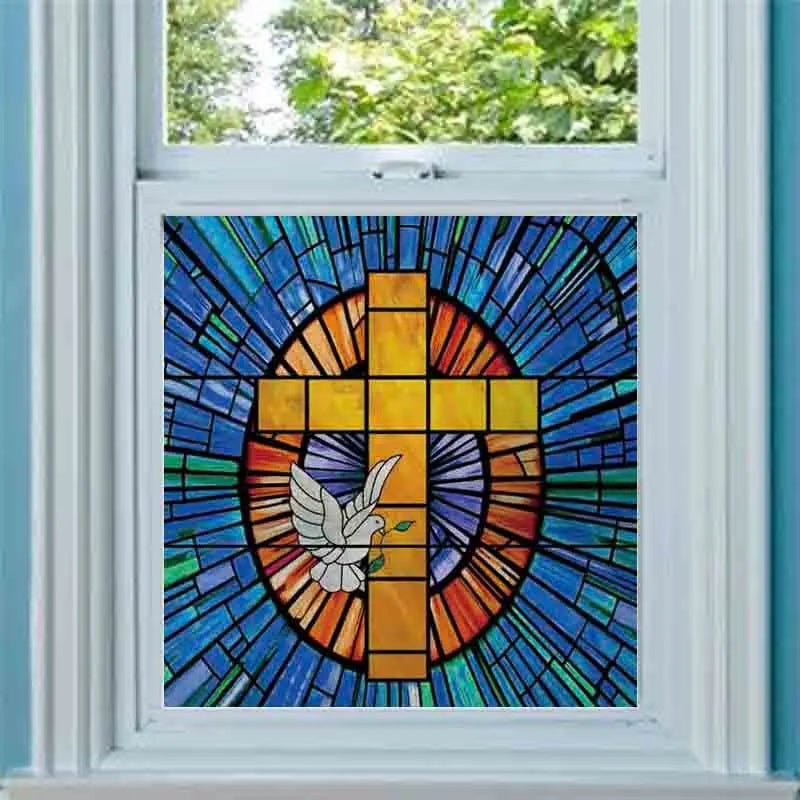 Custom Frosted Stained Glass Window Film,Sataic Cling Window Films,Retro Church Cross Dove Decor Foil Stickers Window Treatment