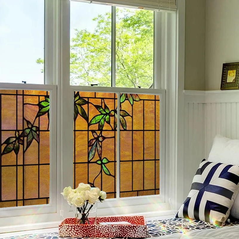 Custom Size Window Film, Stained Glass, Decorative Retro Window Sticker, Privacy Frosted Static Cling, Home Decal