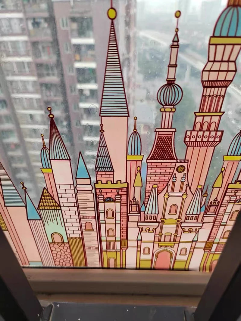 Custom Size Static Cling Window Film,Reusable Waterproof Privacy Protection Stained Glass Decal ,DIY Castle Design for Home