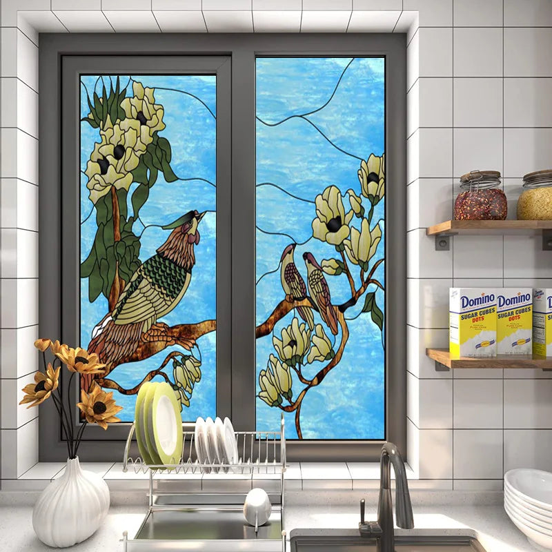 Custom Size Glass Window Film Static Cling Frosted Glass Films Stickers For Bathroom Kitchen Door Birds Heron Parrot Owl