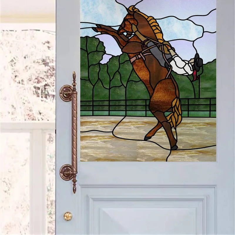 Custom size Stained Glass Window Film Retro Painted Horse Deer, Frosted Static Cling Art Colored Glass Films,Glass Sticker