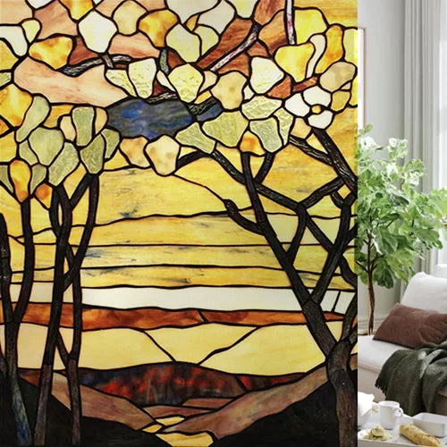 Custom size Glass Films,Stained Glass Stickers Static Cling,Frosted Privacy Print Tree,Rivers,Hill For Window Door Home Decor