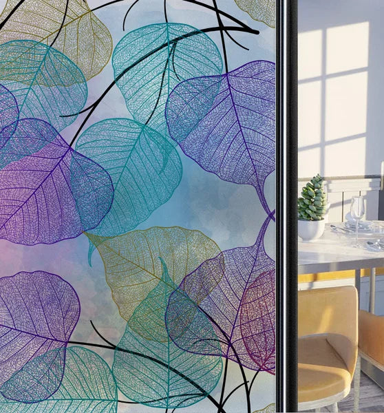 Customized Frosted Stained Glass Window Film, Art Deco Design Leaves,Static Cling, Remove Door Sticker,Home Decor