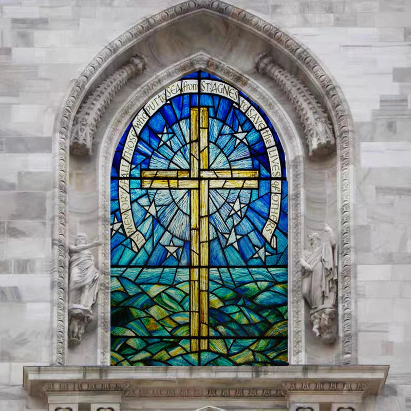 Custom Frosted Stained Glass Window Film,PVC Static Cling Films,Cross Church Decor Foil Stickers