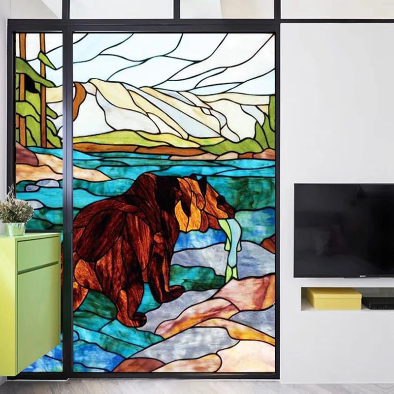 Stained Glass Window Film Frosted Glass Sticker Forest Customized Privacy Static Cling,Print Sticker,Bear,Office Home Decor