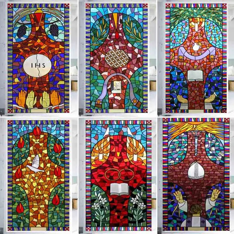 Custom Size Window Glass Films Satic Cling Classical Frosted Glass European Church Stained Glass Window Sticker Foil