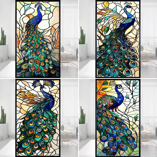 Custom Size Color Printing Window Stained Glass Film, Static Cling, Frosted Privacy,For Kitchen Door, Home Decor Peacock