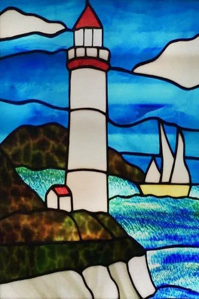 Custom Size Stained Glass Window Film, Retro Painted Frosted Static Cling, Vintage Glass Films Sticker, Lighthouse Sailboat