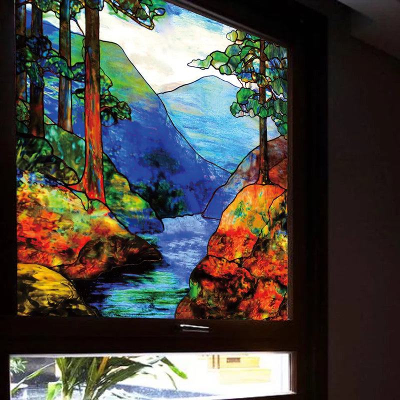 Landscape Painting Glass Films, Stained Window Film, Opaque Sticker, Self Adhesive, Static Cling for Square Window, Custom Size