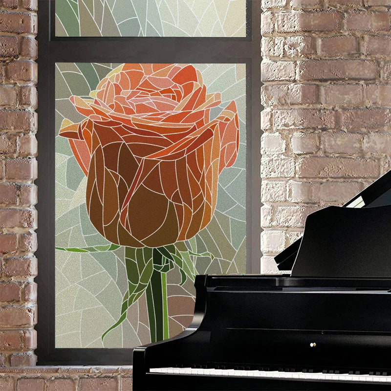 Window Film Stained Glass Stickers,Custom size Static Cling Rose,Flower Privacy Films Door Sticker Kitchen Office Home Decor