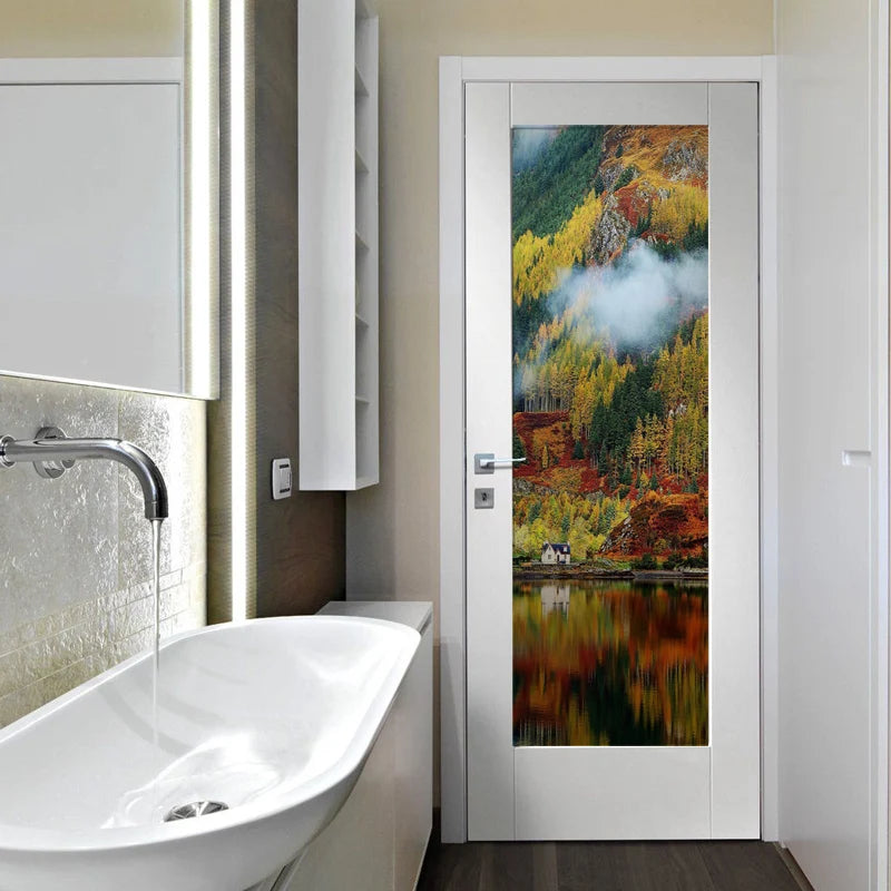 Frosted Stained Glass Window Film, Customized,Scenery,Tree,Waterfall,Static Cling Sticker,Home Decor