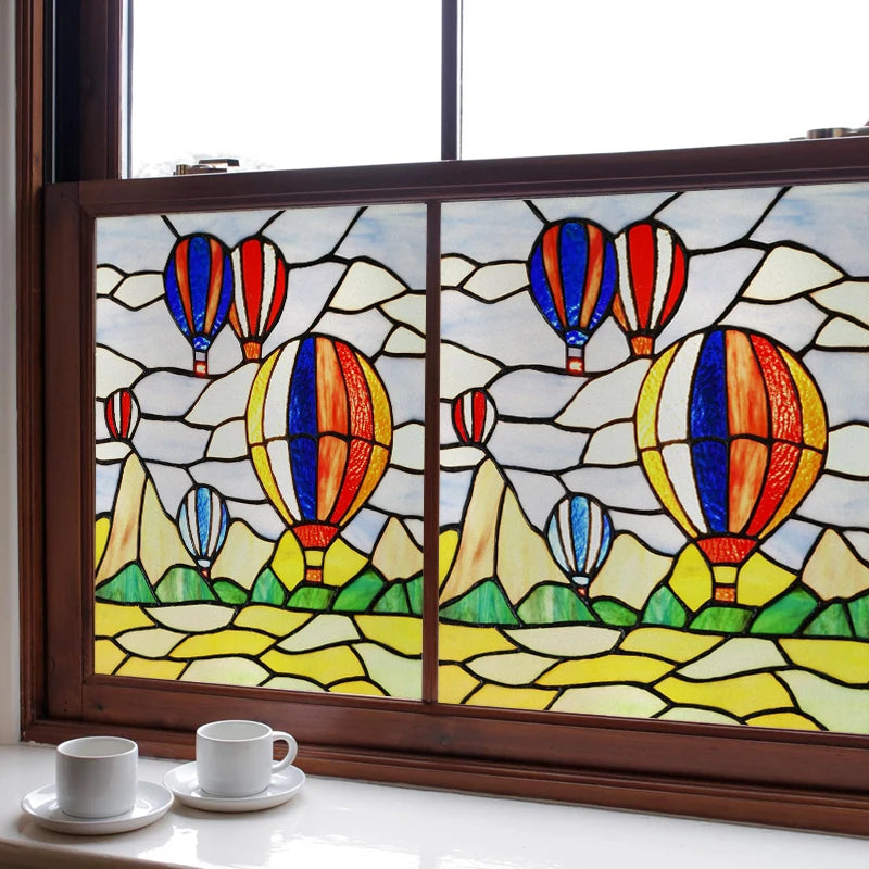 Custom size Stained Glass Wndow Film,Satic Cling Window Films,Decor Foil Stickers Window Treatment For Square Glass Hot air ball