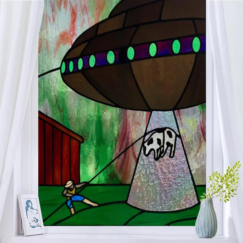 Custom Size Stained Glass Window Film, Retro Painted Frosted Static Cling, Vintage Glass Films Sticker, Lighthouse Sailboat