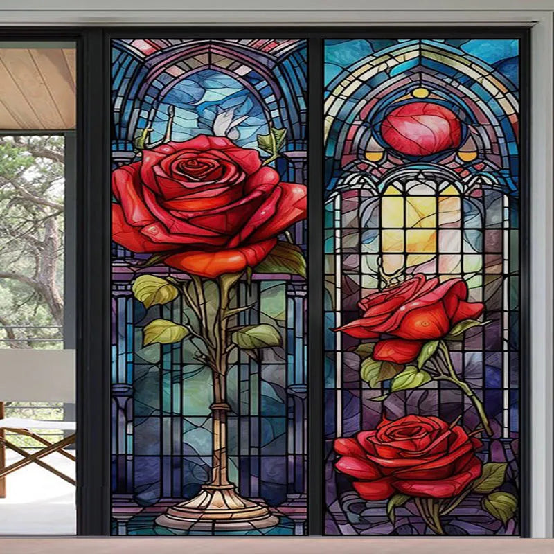 Privacy Windows Film Rose Stained Glass Window Door Stickers No Glue Static Cling Decorative Frosted Window Films Custom size