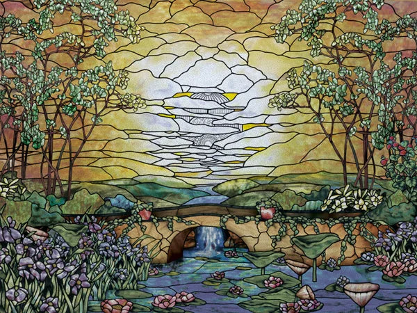 Landscape Painting Stained Glass Films, Transom Windows Film, Opaque Sticker, Self Adhesive, Static Cling, Custom Size