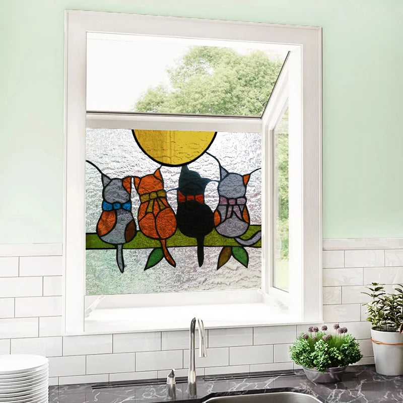 Custom Size 3D Matte Window Film, Stained Glass Decor, Window Sticker, Privacy Frosted Static Cling,Hom Decal, Animal Cat, Bird