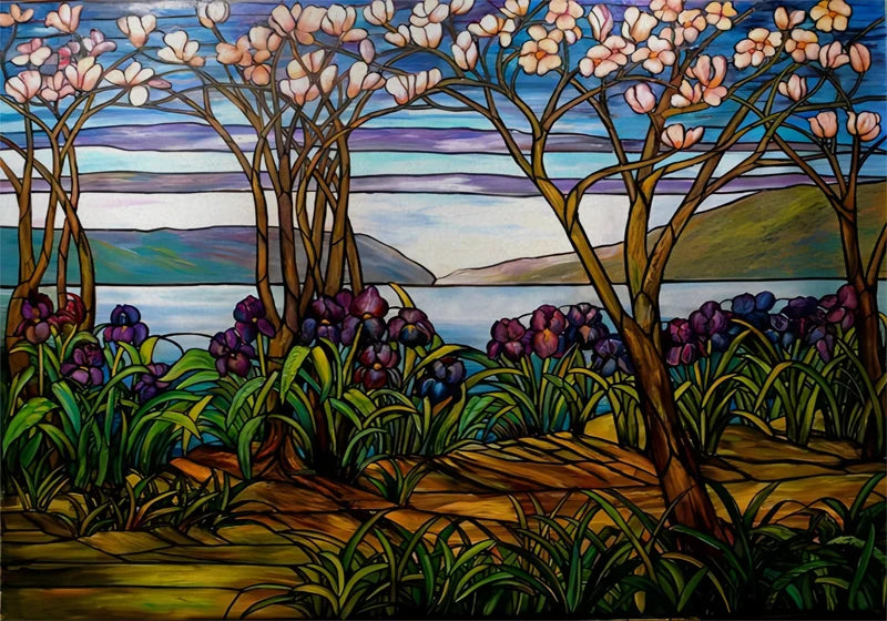 Landscape painting Stained Glass Films Transom/Windows Film Glass Sticker Static Cling Retro Vintage Style Custom Size