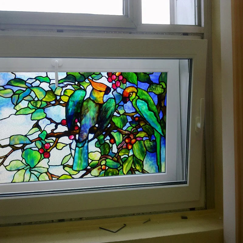 Custom Size Glass Window Film Static Cling Frosted Glass Films Stickers For Bathroom Kitchen Door Birds Heron Parrot Owl