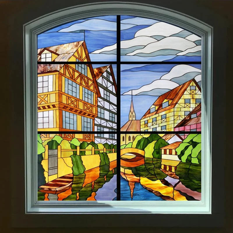 Window Film Stained Glass Stickers,Custom size Static Cling,Print Castle Church landscape Sailboat Sticker,Office Home Decor