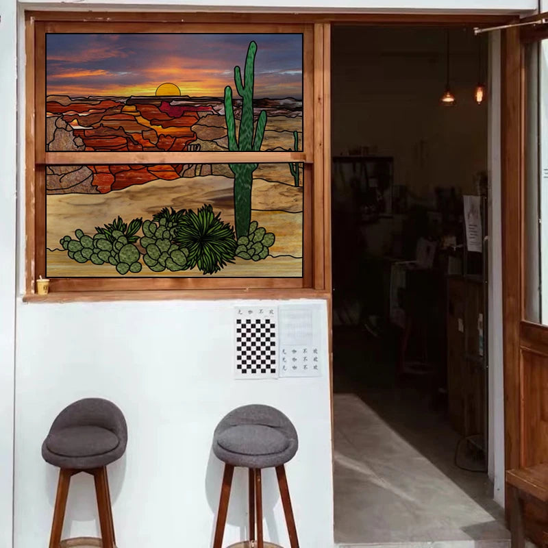 Stained Glass Window Film Frosted Glass Sticker Forest Opaque,Customized Print Mountain For Bathroom Door Office Home Decor