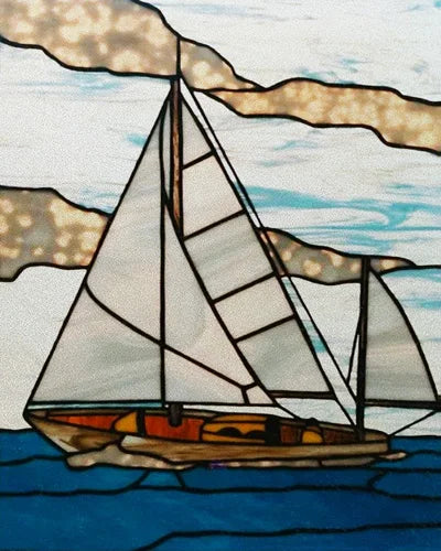 Frosted Stained Glass Window Film, Static Cling, Retro Door Sticker,Kitchen, Office, Home Decor, Customized,Sailboat