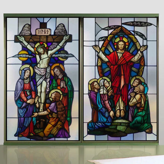 Decorative self adhesive/static cling frosted stained continental  window film can do custom size Crucifixion of Jesus/Christ