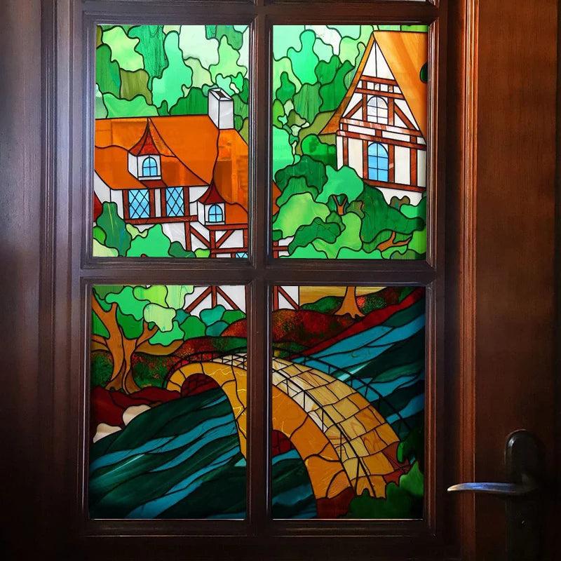 Window Film Stained Glass Stickers,Custom size Static Cling,Print Castle Church landscape Sailboat Sticker,Office Home Decor