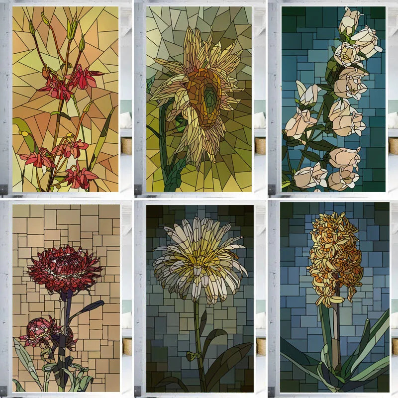 Frosted Stained Glass Window Film, Customized Art Deco Design, Flowers Static Cling Sticker,Home Decor Foil, Treatment