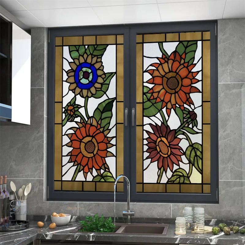 Window Film Stained Glass Films Frosted Static Cling Light-transparent Privacy Glass Sticker Home Decor  Sunflower